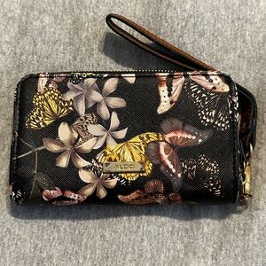 Aldo Colorful Floral & Butterfly Wristlet Wallet w Gold Hardware, Black & Brown